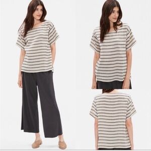 Eileen Fisher striped boxy boatneck linen and organic cotton top size large